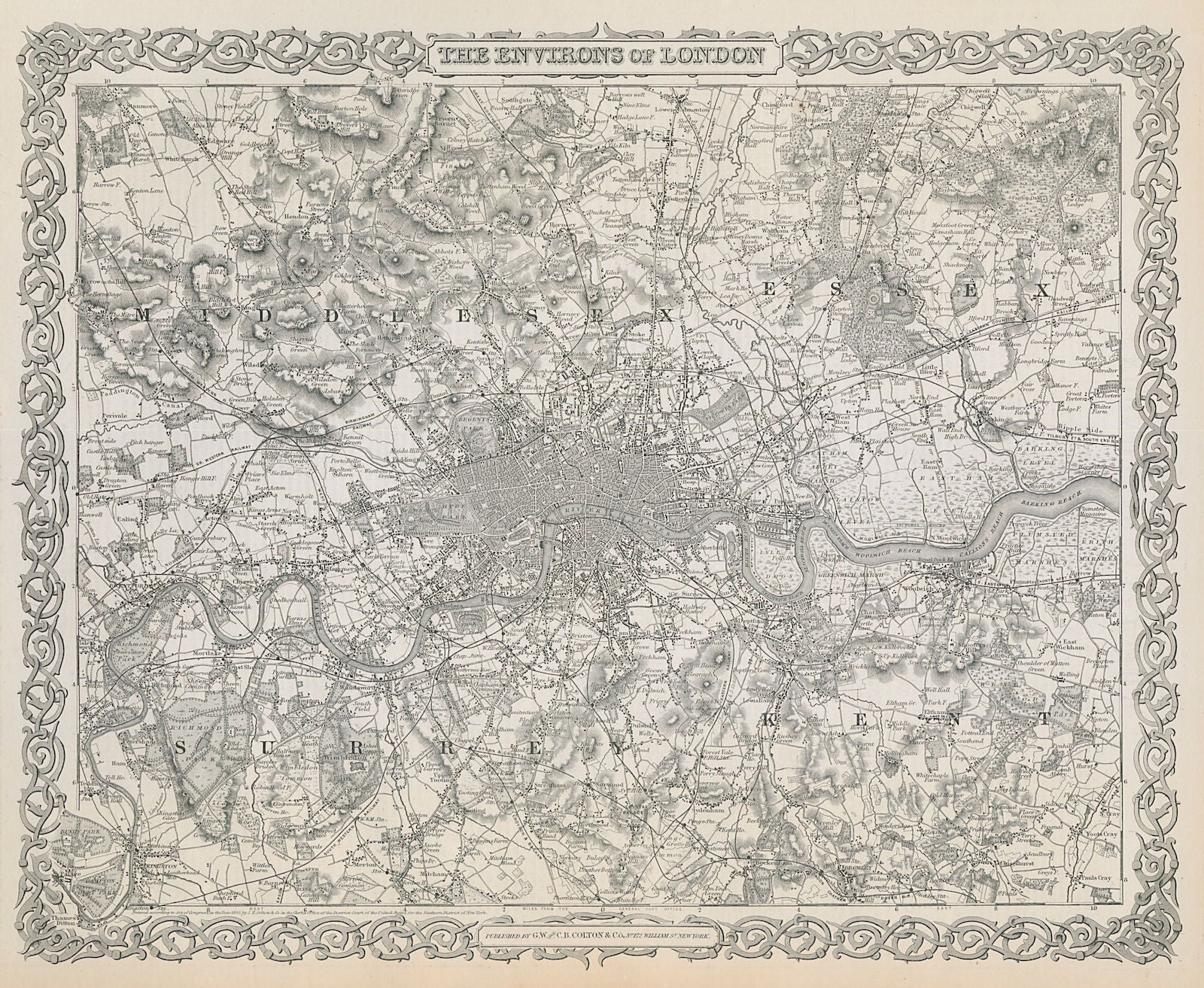 The environs of London. Decorative antique map. COLTON 1869 old